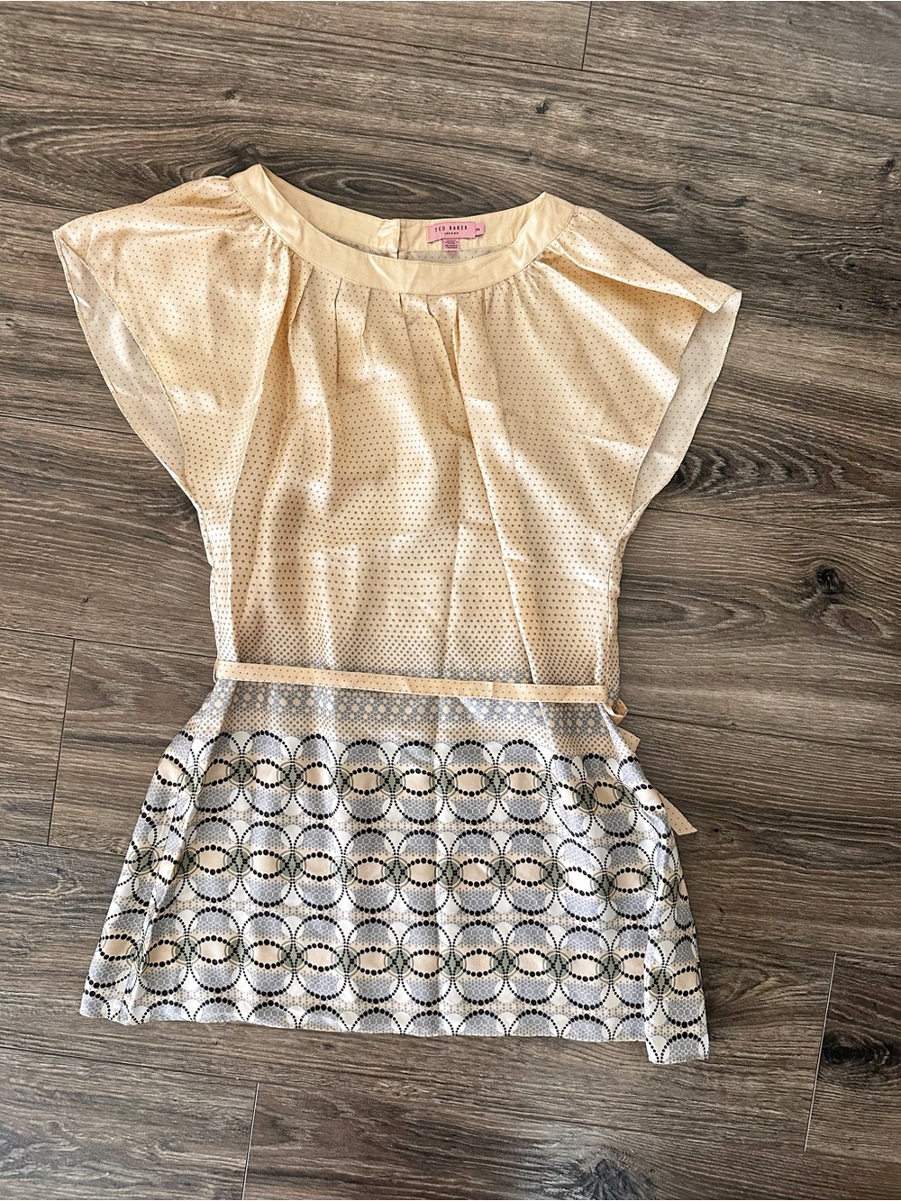 Ted Baker Silk Cream Dot-Print Flutter-Sleeve Blouse/Tunic with Patterned Hem